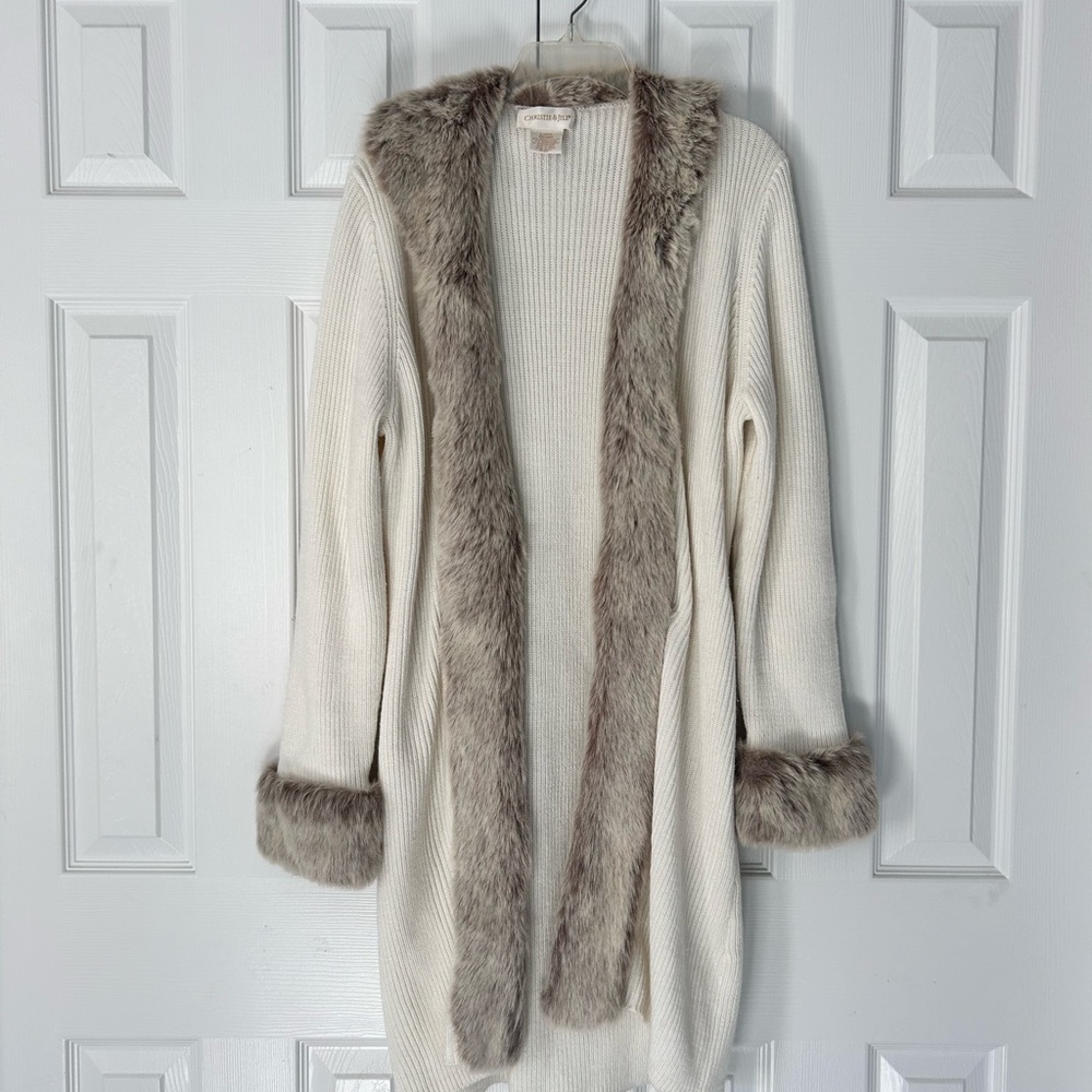 Christie & Jill Acrylic Cardigan Sweater Faux Fur Collar and Sleeve Ivory Large - Picture 2 of 15